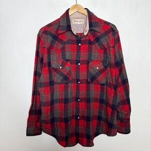 Mervyns Wool Blend Flannel Pearl Snap Button Up Shirt Men's Large Red Plaid